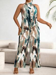 Franclia Plus Size Asymmetrical Tie-Dye Halter Neck Top And Straight Pants Set - Multicolor - View 1