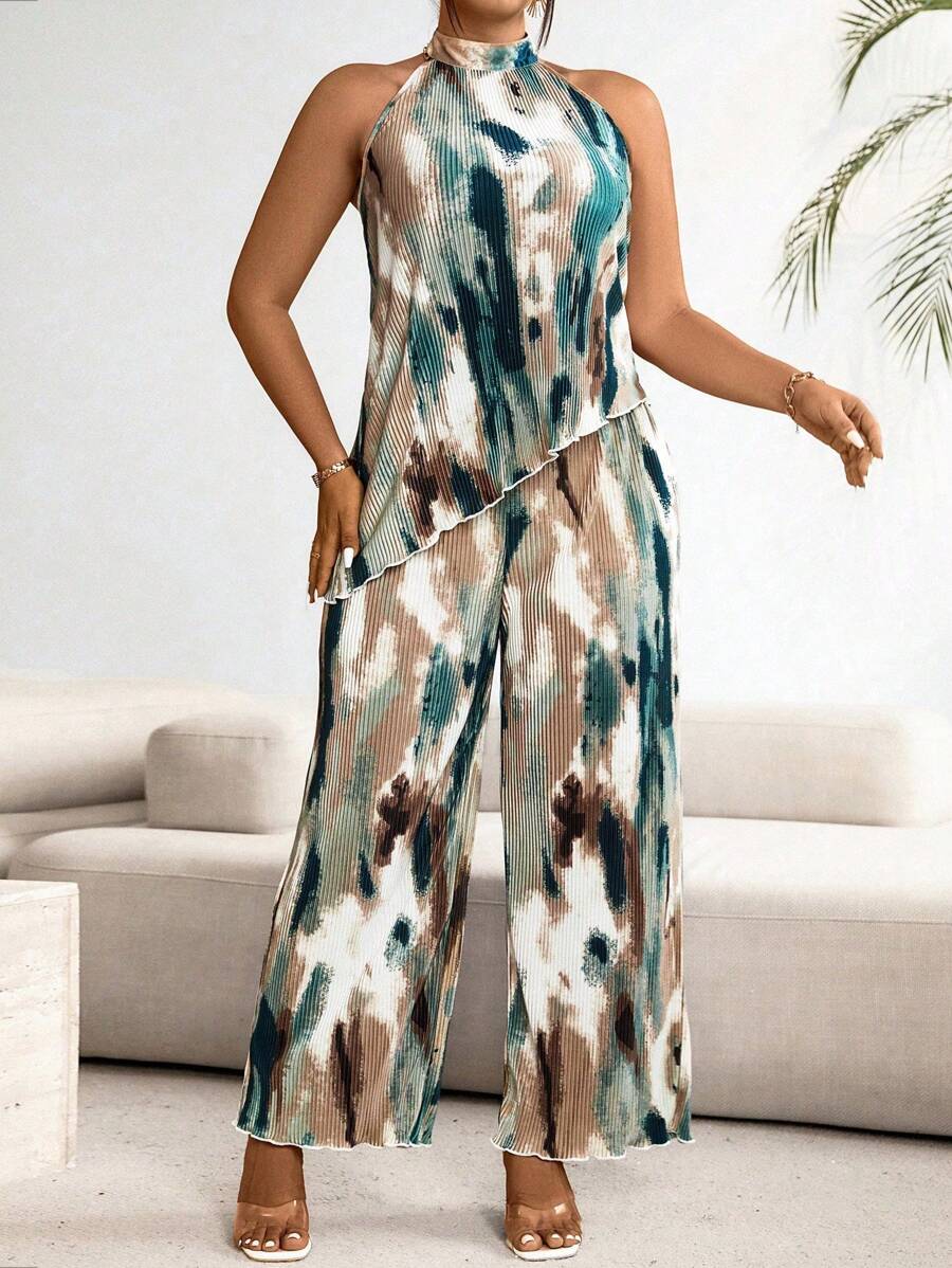 Franclia Plus Size Asymmetrical Tie-Dye Halter Neck Top And Straight Pants Set - Multicolor - View 1