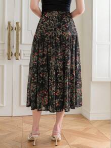 DAZY Falda con volantes con estampado floral diminuto, conjunto de ropa de vacaciones para mujer - Negro - Ver 2