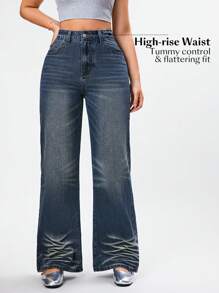 Women High Waist Casual Wide Leg Jeans - Dark Wash - View 2