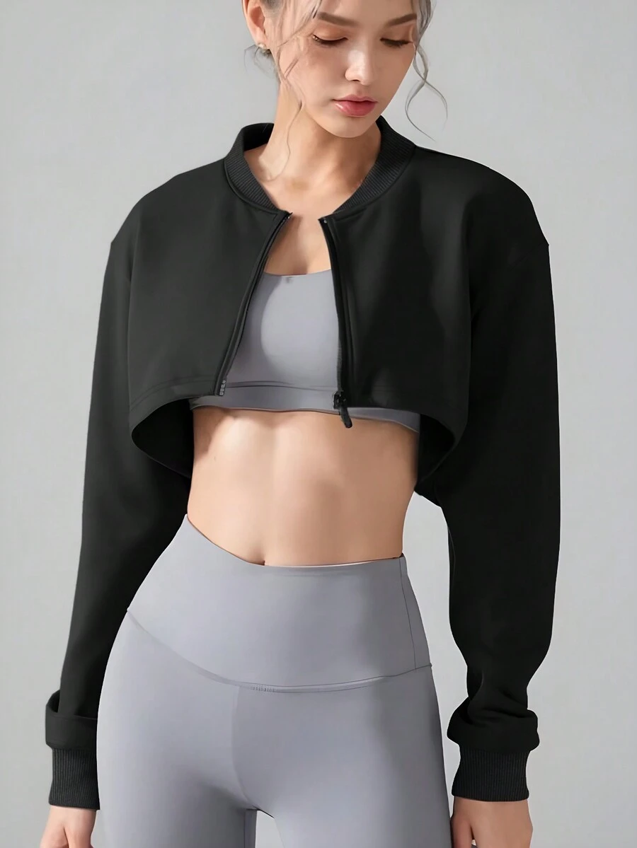 INAWLY 女式純色簡約日常短款長袖外套 - 黑色 - 查看 1