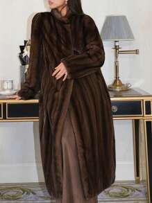 Solid Fuzzy Coat med öppen front för dagliga vinterkläder - Kaki - Visa 5