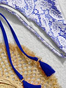 SHEIN Swim Women's Summer Beach Paisley Lace Halter Neck Tie Sexy Bikini Set - Royal Blue - View 4