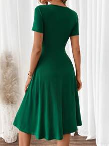 SHEIN Clasi 女裝優雅V領短袖綠色A字裙 - 綠色 - 查看 2