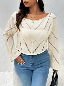 SHEIN Privé Plus Size Elegant Casual Vacation Home Hollow Textured Knitted Open Shoulder Sexy Personalized High Street Off Shoulder Pullover Warm Long Sleeve Sweater, Fall/Winter Back To School - Apricot - View 9