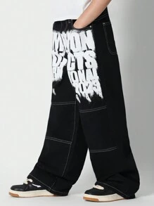 SUMWON Tween Girls Baggy Jeans With Contrast Stitching And Print - Black - View 2