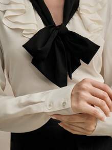 Anewsta Elegant & Chic Contrast Color Tie-Up Ruffle Trim Long Sleeve Women Shirt - Beige - View 7