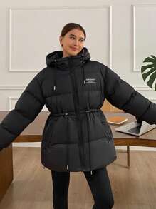 DAZY Women Hooded With Letter Print And Drawstring, Winter Jacket Women Coats - Black - View 5