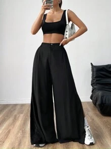 SHEIN EZwear 音樂節款式流蘇高開叉寬腿褲和無縫方領背心套裝 - 黑色 - 查看 1
