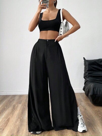 SHEIN EZwear Conjunto De Pantalones De Pierna Ancha Con Abertura Alta Y Chaleco Sin Costuras De Cuello Cuadrado Con Estilo De Festival De Música
