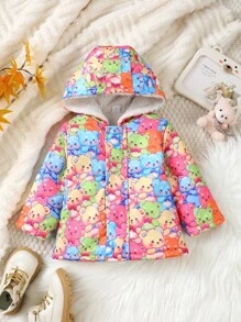Baby Girls' Fashionable Colorful Teddy Bear Pattern Mid-Length Furry Coat, Warm And Comfortable For Autumn/Winter - Multicolor - View 1