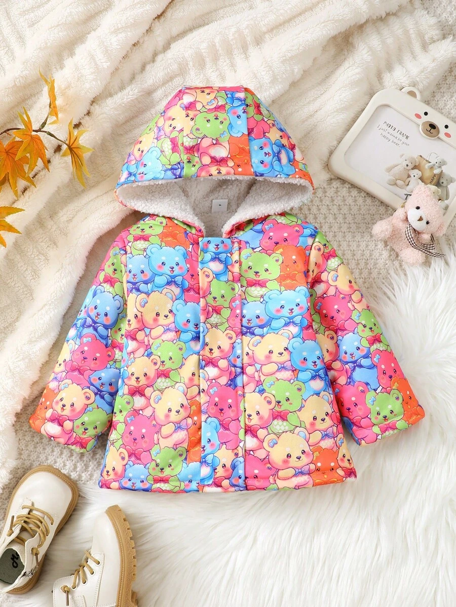Baby Girls' Fashionable Colorful Teddy Bear Pattern Mid-Length Furry Coat, Warm And Comfortable For Autumn/Winter - Multicolor - View 1