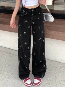 DAZY Bow Print Zipper Fly Wide Leg Jeans