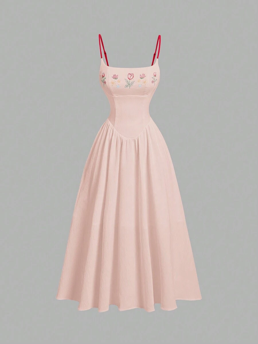 SHEIN MOD Women's Embroidered White And Red Color Block Long Dress, White Dress, Countryside Style - Pink - View 1