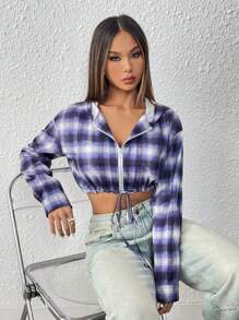 SHEIN Unity Plaid Print Drop Shoulder Drawstring Hem Crop Hooded Jacket - Multicolor - View 6