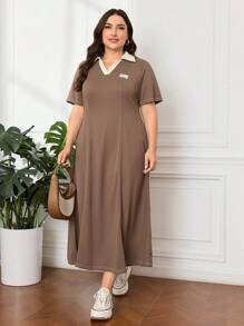Mulvari Plus Letter Patched Contrast Collar Tee Dress