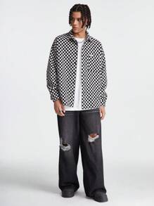 Manfinity VCAY Men's Loose Long Sleeve Plaid Shacket, Black And White Color Block Preppy Plaid Shacket