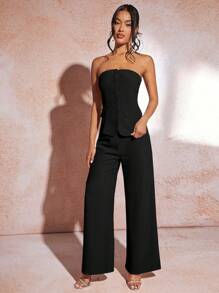 SHEIN BAE Damski garnitur bez ramiączek w kolorze khaki, letni strój biznesowy