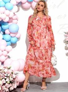 Loomaby 孕妇深V领灯笼袖连衣裙，荷叶边下摆，腰带设计，度假、性别暴露、婴儿洗礼派对的完美之选 - 彩色 - 查看 6