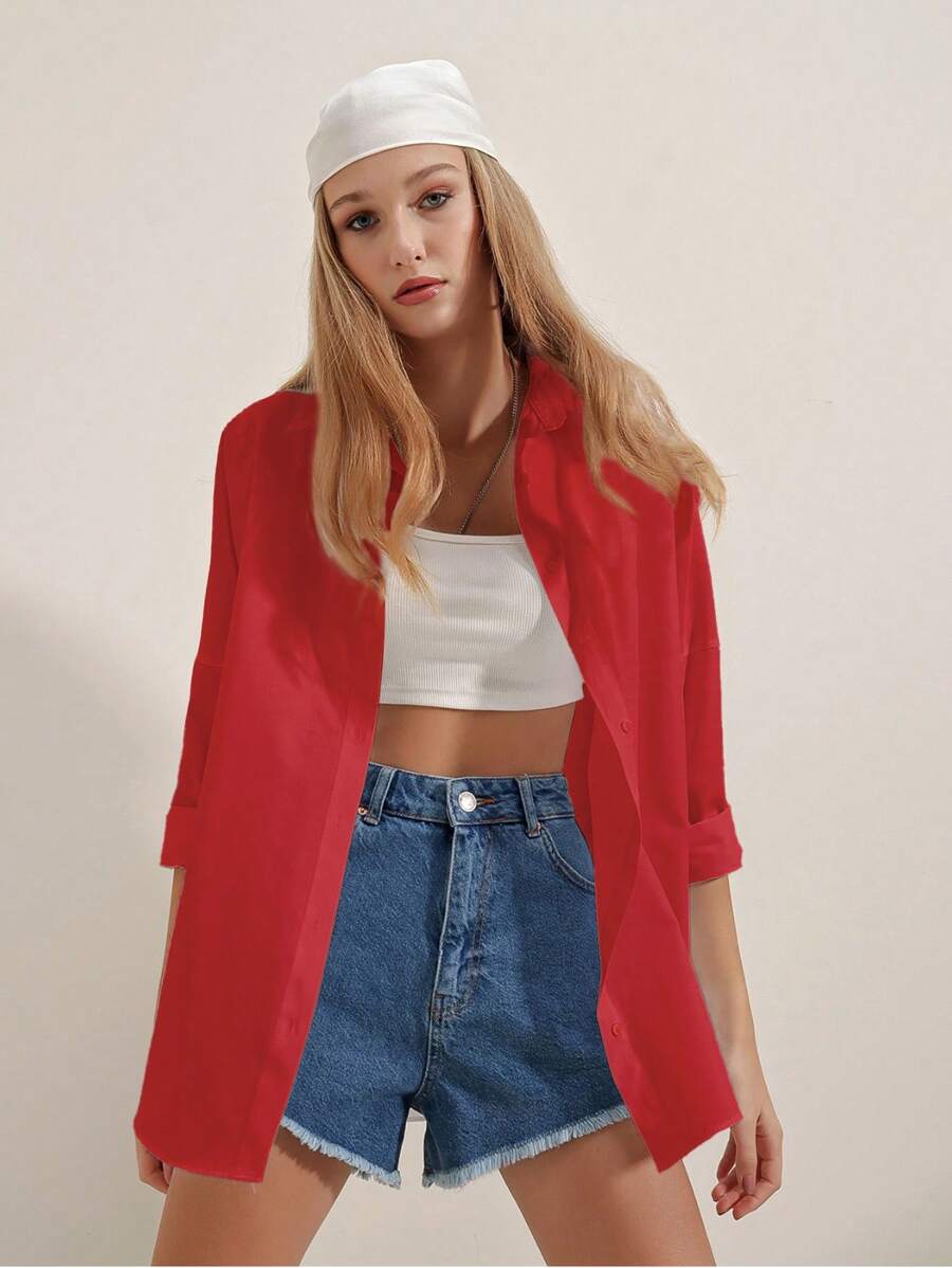 RueChic Drop Shoulder Button Front Shirt - Red - View 1