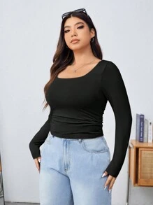 SHEIN EZwear Women's Plus Size Knitted Long Sleeve Solid Color Slim Fit T-Shirt With Square Neckline