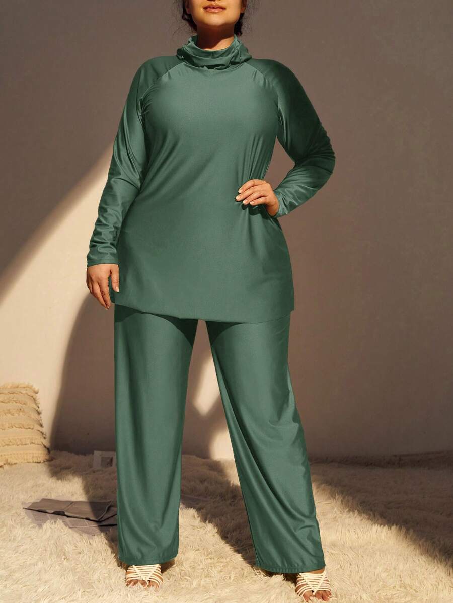 Swim Mulvari Summer Beach Plus Size Hooded Long Sleeve Funnel Neck Sweatshirt With Raglan Sleeve And Pants Tankini Swimwear Set, Burkini Bathing Suit Beach Outfit Modest Arabic Clothing