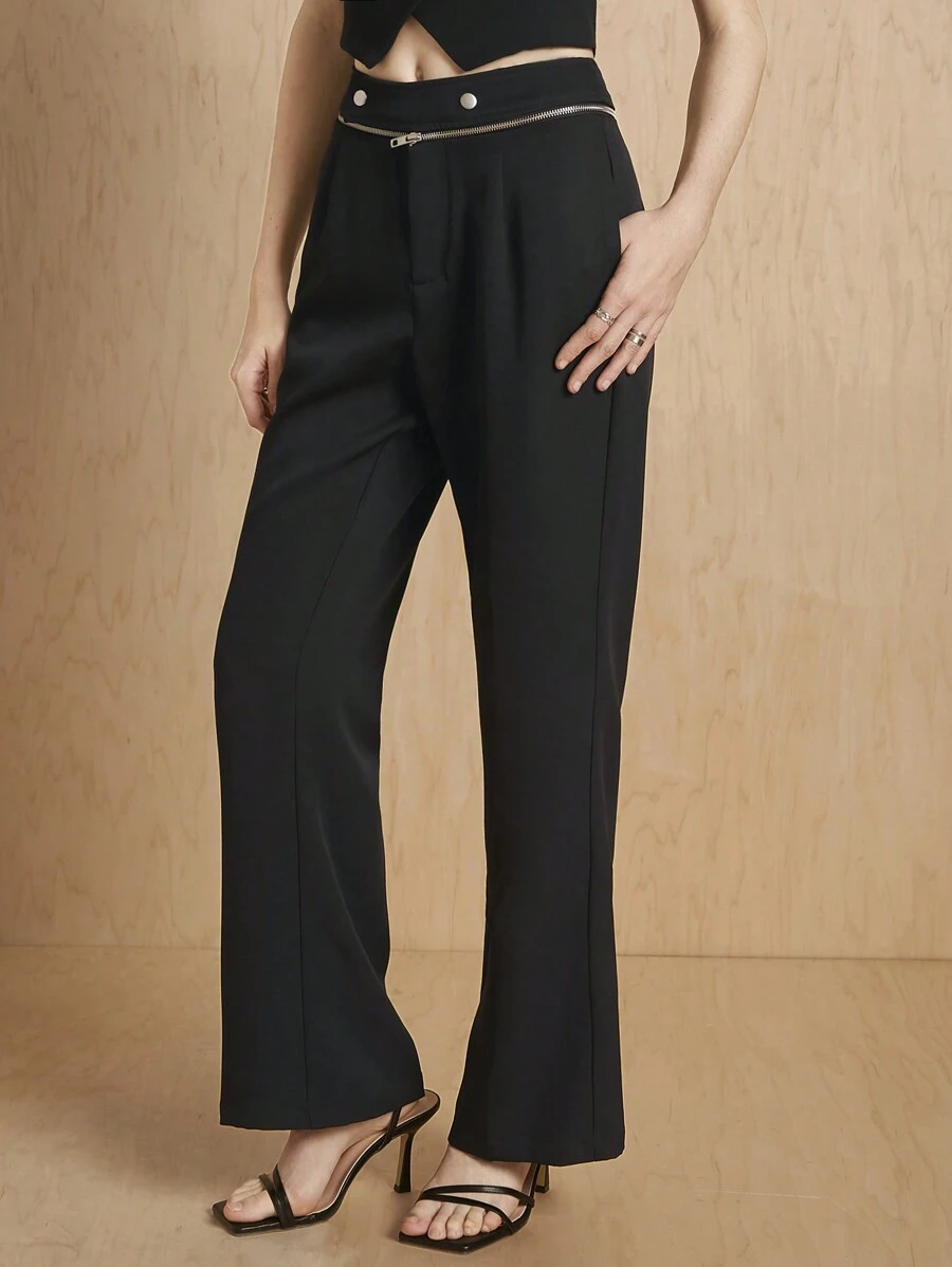 MONSE Designer Women Zipper Waistband Flared Pants, For Summer, Holiday, Festival - Black - View 1