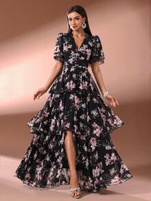 女士 V 领泡泡袖全印花开衩荷叶边下摆优雅晚礼服 - 黑色 - 查看 5