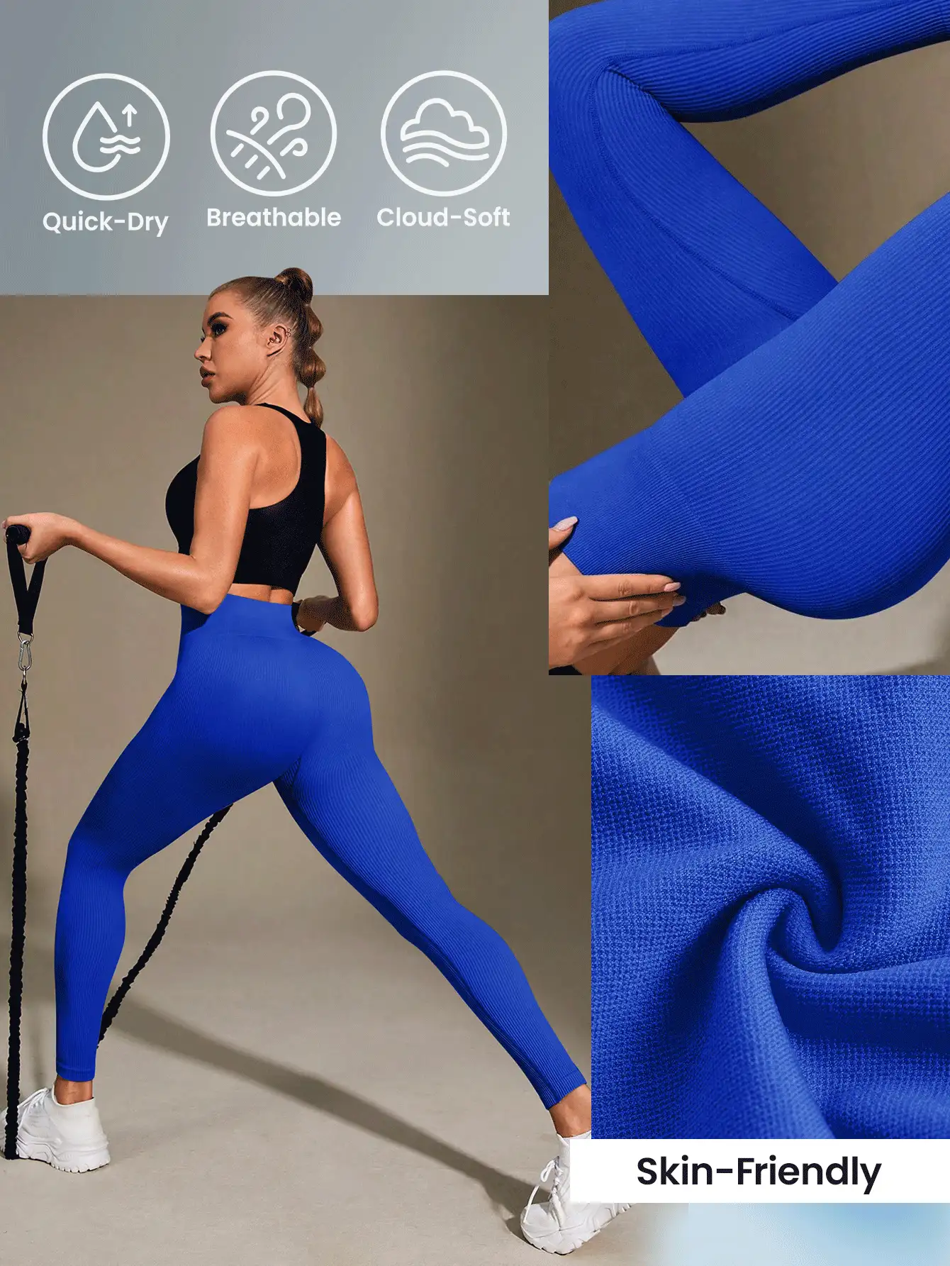 Core Rhythm Solid Color High Waist Sports Leggings Yoga Women Pants - Royal Blue - View 2
