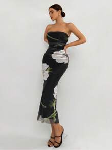 Aloruh Romantic Date Strapless Black Ruched Big Flower Bodycon Midi Sleeveless Dress For Women - Multicolor - View 4