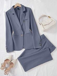 SHEIN LUNE Women's Solid Color Simple Daily Long Sleeve Long Pants Suit - Grey - View 3