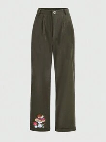 ROMWE Fairycore Casual Corduroy Pants With Mushroom And Snail Embroidery - Army Green - View 1