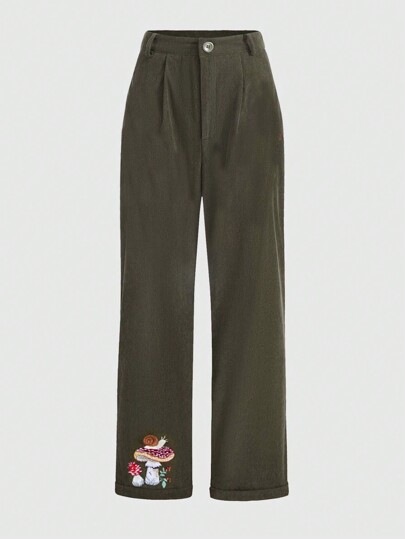 Fairycore Casual Corduroy Pants With Mushroom And Snail Embroidery
