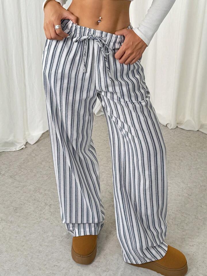 SHEIN EZwear Striped Print Drawstring Waist Casual Straight