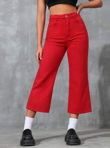 SHEIN EZwear Quần jean ống loe đơn giản cho trang phục hàng ngày - Đỏ - Xem 1