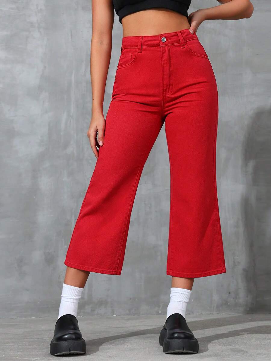 SHEIN EZwear Quần jean ống loe đơn giản cho trang phục hàng ngày - Đỏ - Xem 1