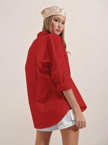 RueChic Drop Shoulder Button Front Shirt - Red - View 4