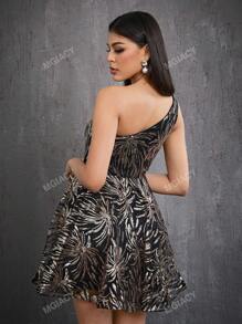 Mgiacy One Shoulder Asymmetrical V-Neck Gorgeous Sequins Sexy Party Skater Dress
