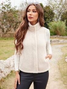 RELISH NOLESS Women's Solid Color Minimalist Sleeveless Fleece Jacket - Beige - View 6