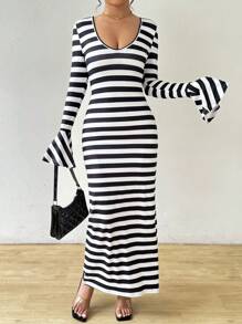 VaVaBold 女士秋冬黑白條紋圓領露背修身長裙帶綁帶 - 黑與白 - 查看 7