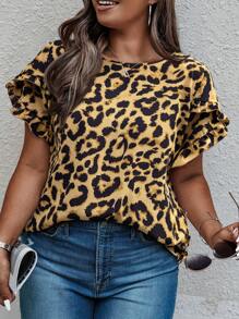 Calvaya Plus Size Summer Fashion Leopard Print Ruffle Trim Cap Sleeve Blouse - Brown - View 1