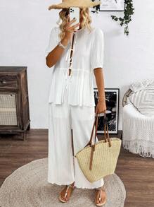 SHEIN LUNE 2024 Spring And Summer White Plain Textured Fabric Bow-Tied Loose Puff Sleeve Shirt + Casual Elastic Waist Wide-Leg Pants Set - White - View 5