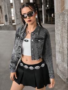 SHEIN 少女黑色長袖襯衫領牛仔外套 - 淺灰色 - 查看 8