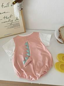 Baby Girl Short Sleeve Cute Monster Printed Bodysuit For Summer - Pink - View 4