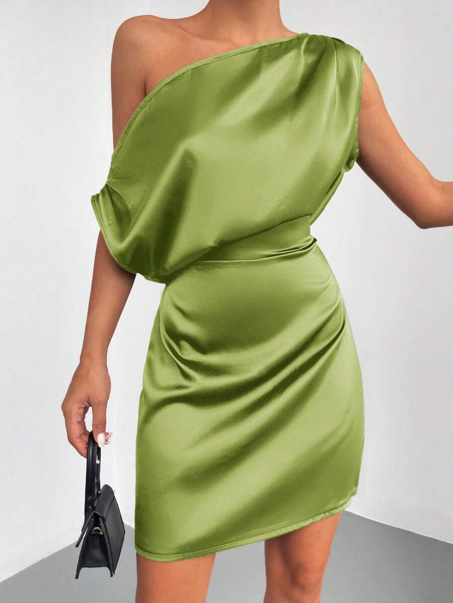 RueChic Solid Asymmetrical Neck Dress - Green - View 1
