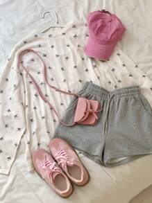 DAZY Bow Print Drop Shoulder Tee For Spring And Summer Sheer Long Sleeve Women Tops