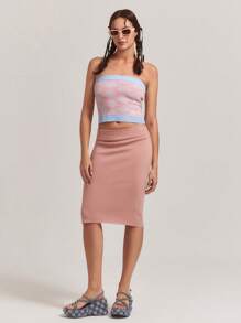 SHEINNeu Women Tops, Knitted, Fall, Fall Clothes, Tube Top, Bow Pattern, Light Pink, Babyblue, Summer Beach Tops, Daily, Versatile, Cute, Contrasting Design, Winter Women Clothes