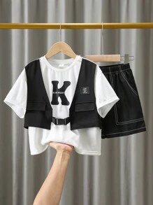 2pcs Young Boys' Fashionable Casual Sports Wear Set, Including Oversized Drop Shoulder Short-Sleeved White T-Shirt With English Print And White Stitched Black Shorts, Suitable For Travel And School In Spring, Autumn, And Winter - Black and White - View 5