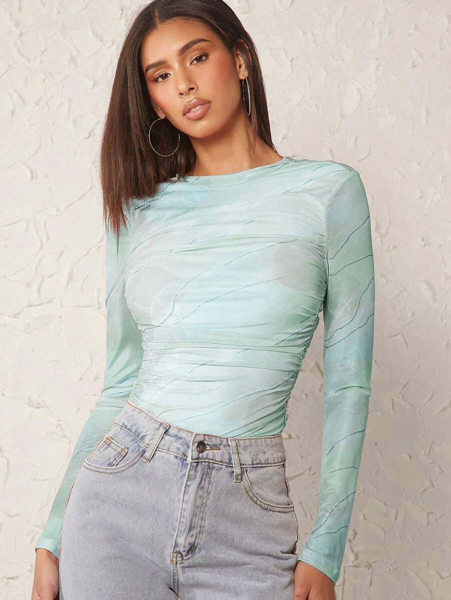SHEIN Unity Marble Print Ruched Mesh Top - Blue - View 1