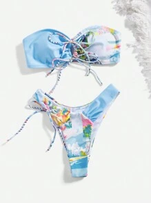 SHEIN Swim 女式夏季沙灘花印空心綁帶比基尼套裝 - 彩色 - 查看 4